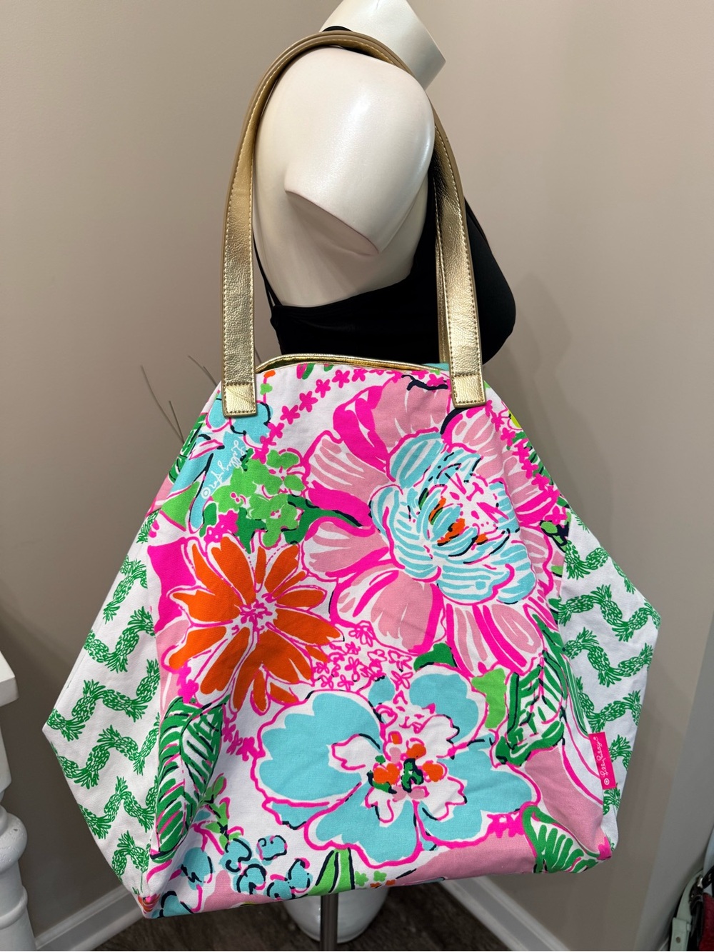 LILY PULITZER Target Canvas Tote Bag Nosie Posie Logo Gold Handle Large